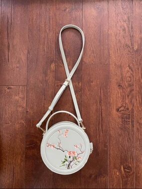 Super Cute Embroidered Japanese Cherry Tree Circle Crossbody Bag Purse. Seafoam
